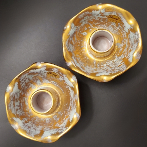 1950's Stangl Antique Gold Light Blue Pair Candle Holders Candle Bowls EUC #5069 - Picture 3 of 8